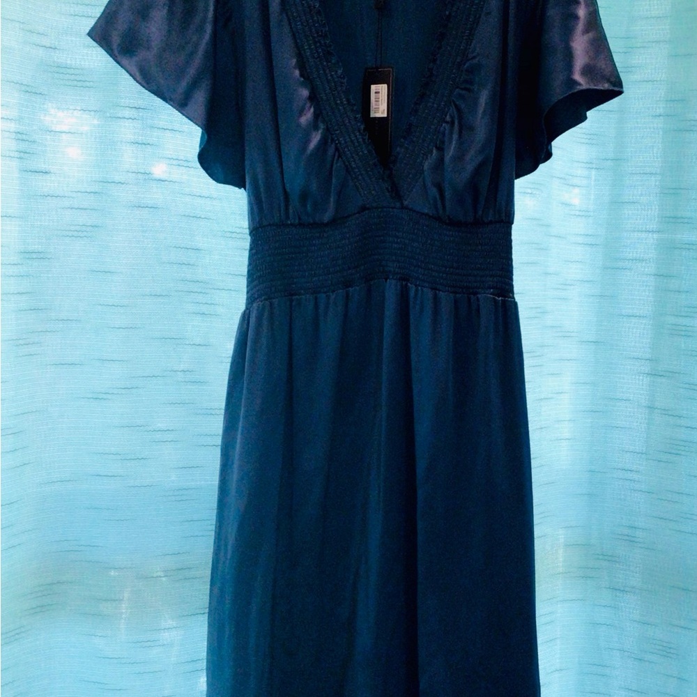 Navy Blue Silk Dress size woman Large-Stretch Silk -BCBGMAXAZRIA CHARMEUSE NWT